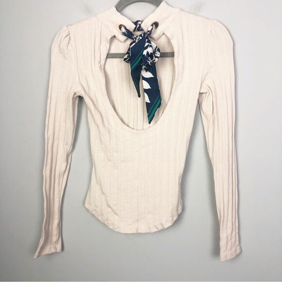 Free People Cream Blouse with Navy Scarf Detail - Picture 6 of 12